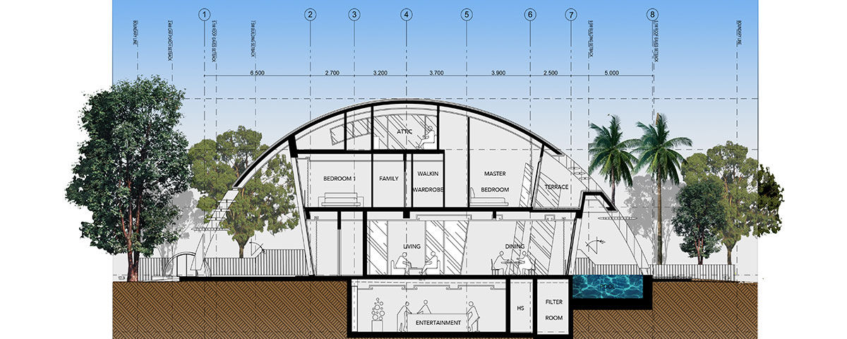 SECTION DRAWING OF VILLA ALBA SHOWS THE BUILDING’S OVERALL UNIQUE IDEA.