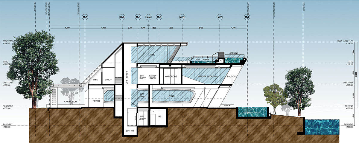 SECTION DRAWING OF VILLA MISTRAL SHOWS THE BUILDING’S OVERALL UNIQUE IDEA.