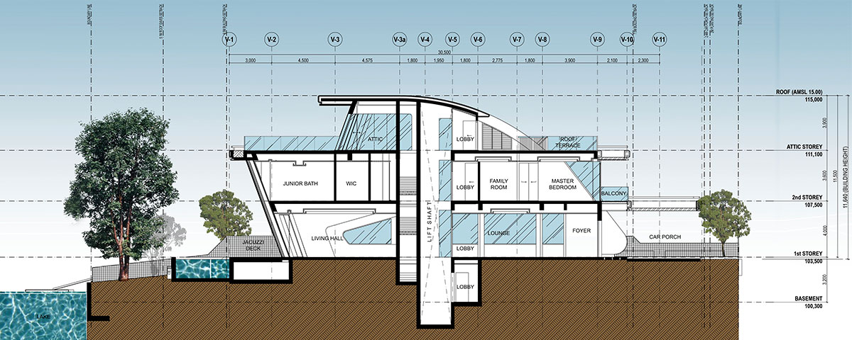SECTION DRAWING OF VILLA VENTO SHOWS THE BUILDING’S OVERALL UNIQUE IDEA.